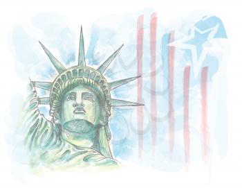 Watercolor sketch of statue of liberty face with flag