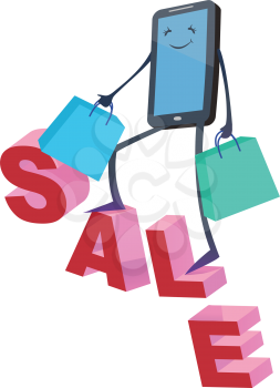 Online shopping, Big smartphone on sale text. Concept of mobile digital marketing and e-commerce. illustration