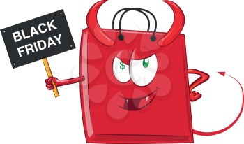 Shopping evil  bag  cartoon character mascot with signboard