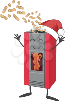 Wood pellet stove cartoon with Santa claus hat 