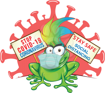  frog cartoon with mask on signboard against coronavirus