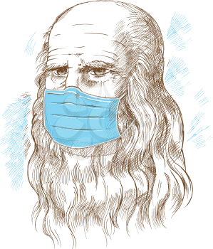 Hand drawn vector portrait. Leonardo Da Vinci with medical mask