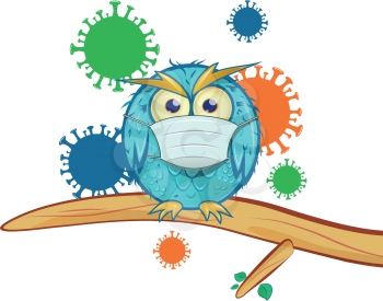blue owl with mask cartoon on coronavirus background