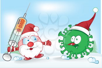 santa claus mascot fight against corona virus covid-19 cartoon on christmas background