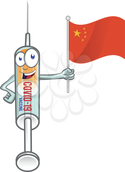 medical syringe vaccine corona virus covid-19 with china flag . vector cartoon illustration