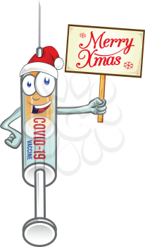 medical syringe vaccine corona virus covid-19 with christmas hat . vector cartoon illustration    