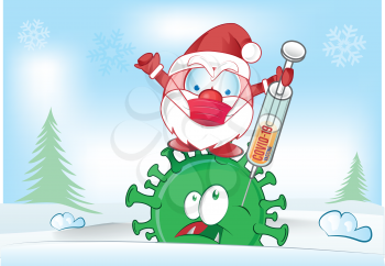 santa claus character  fight with vaccine  against corona virus covid-19  on christmas background
