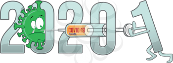 new year from 2020 to 2021  text with covid-19 cartoon and vaccine . vector illustration