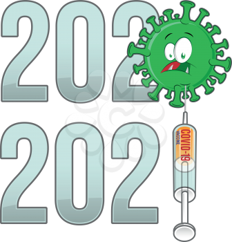from 2020 to 2021 year  text with covid-19 cartoon and vaccine isolated on white background