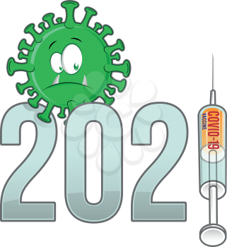  corona virus covid-19 cartoon with new year 2021 vaccine. vector illustration