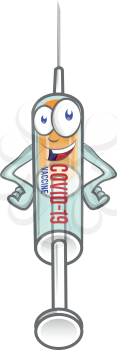 Smiling cartoon character mascot medical syringe corona virus covid-19  vaccine 