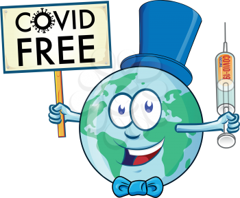 Planet Earth Cartoon Character with covid free signboard