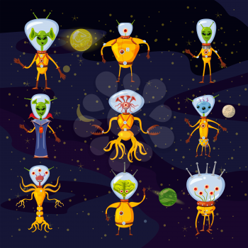 Cute Aliens In Space Suits, Spaceship Crew Cartoon Characters In space