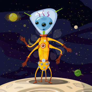Alien in a spacesuit, cartoon style, background space, vector