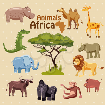 Set of cute African animals stickers, cartoon style, isolated, vector
