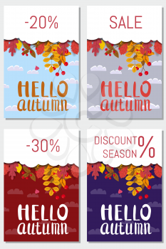 Set cards Hello Autumn, background with falling leaves, yellow, orange, brown fall lettering