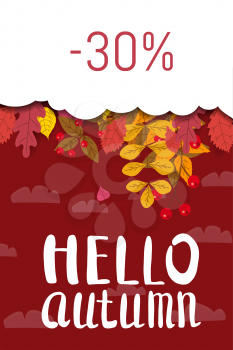 Hello Autumn, discount season, background with falling leaves, yellow, orange, brown fall lettering