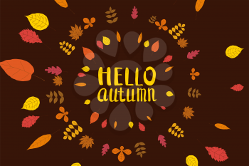 Hello Autumn, background with falling leaves, yellow, orange, brown fall lettering