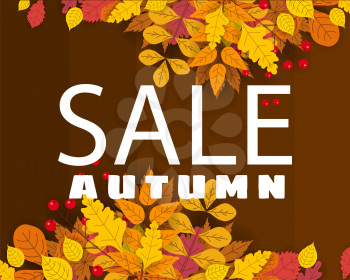 Banner for Autumn Sale, background with falling leaves, yellow, orange, brown fall lettering