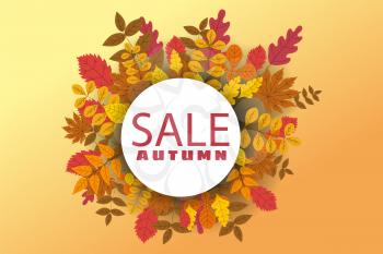 Banner for Autumn Sale, background with falling leaves, yellow, orange, brown fall lettering