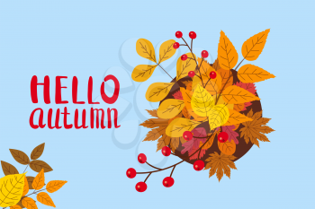 Hello Autumn, background with falling leaves, yellow, orange, brown fall lettering
