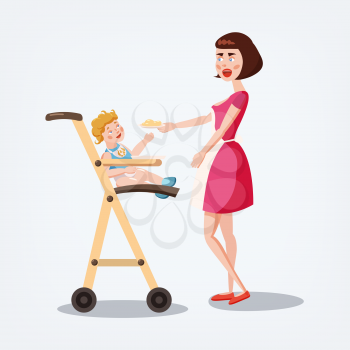 Mother feeds baby, cartoon style, vector illustration