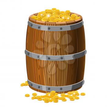 Wooden barrel with treasures, gold coins, with metal stripes