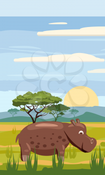 Hippo cute cartoon style in background savannah Africa, isolated