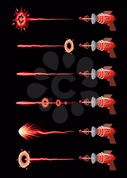 Set of blaster, laser, gan game, shot ray and flash, vector illustration, cartoon silhouette, red, blue, dark for games apps concept