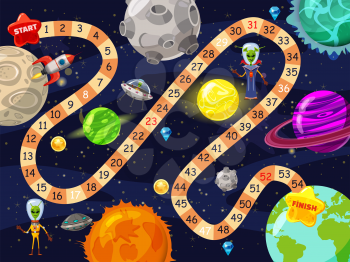 Space board game vector illustration. Rockets UFO and Aliens in space board game strategy kid