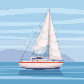 Sailing boat floating on water surface. Vector color illustration.