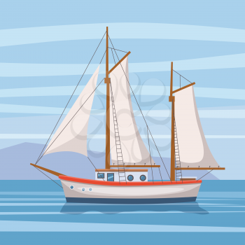 Sailing ship in the sea on seascape, vector illusration, isolated,