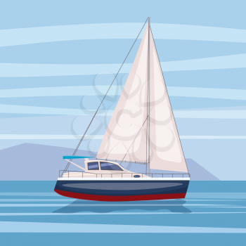 Sailing boat floating on water surface. Vector color illustration.