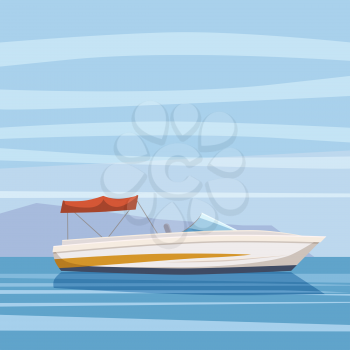 Speed boat, yacht on seascape background, cartoon style, vector illustration