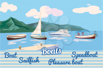 Boat, sail boat, pleasure boat, speed boat seascape vector illustration