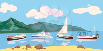 Boat, sail boat, pleasure boat, speed boat seascape vector illustration