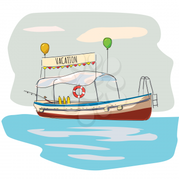 Pleasure boat, seascape, resort beach rest travel vector illustration
