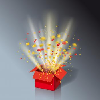 Open Red Gift Box and Colour Confetti. Bright Rays