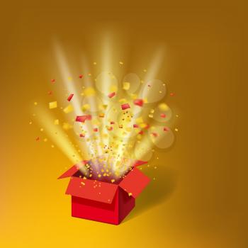 Open Red Gift Box and Colour Confetti. Bright Rays