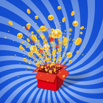 Box Exploision, Blast. Open Red Gift Box and Confetti