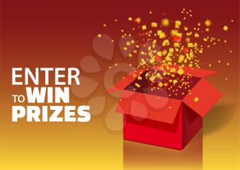 Open Red Gift Box and Confetti With Colorful Particles. Enter to Win Prizes
