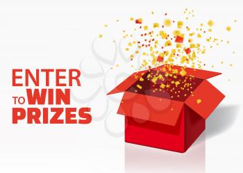 Box Exploision, Blast. Open Red Gift Box and Confetti. Enter to Win Prizes