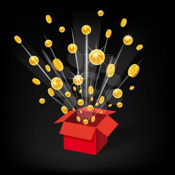 Open Red Gift Box and Coins. Christmas and other Holidays