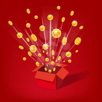 Open Red Gift Box and Coins. Christmas and other Holidays