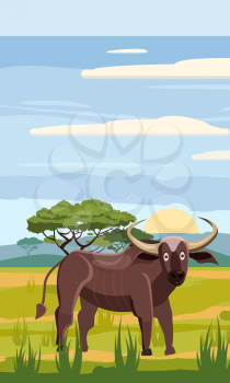 Bufffolo cute cartoon style in background savannah Africa, isolated