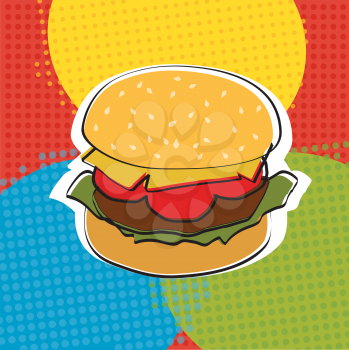 Delicious juicy burger with ingredients a set of salad, tomatoes, cheese, onions, cutlets, sauce, vector illustration