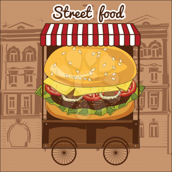Delicious juicy burger with ingredients a set of salad, tomatoes, cheese, onions, cutlets, sauce, in a street cart vector illustration