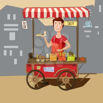 Seller street food cart, delicious juicy burger with ingredients, in package, vector, illustration