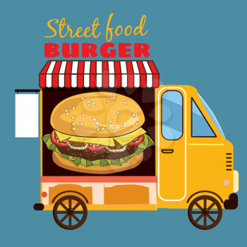 Street food car, delicious juicy burger with ingredients, in package, vector, illustration, isolated