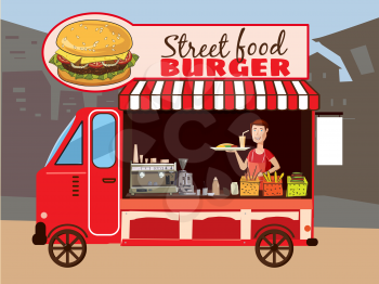 Street food car, delicious juicy burger with ingredients, in package, vector, illustration, isolated